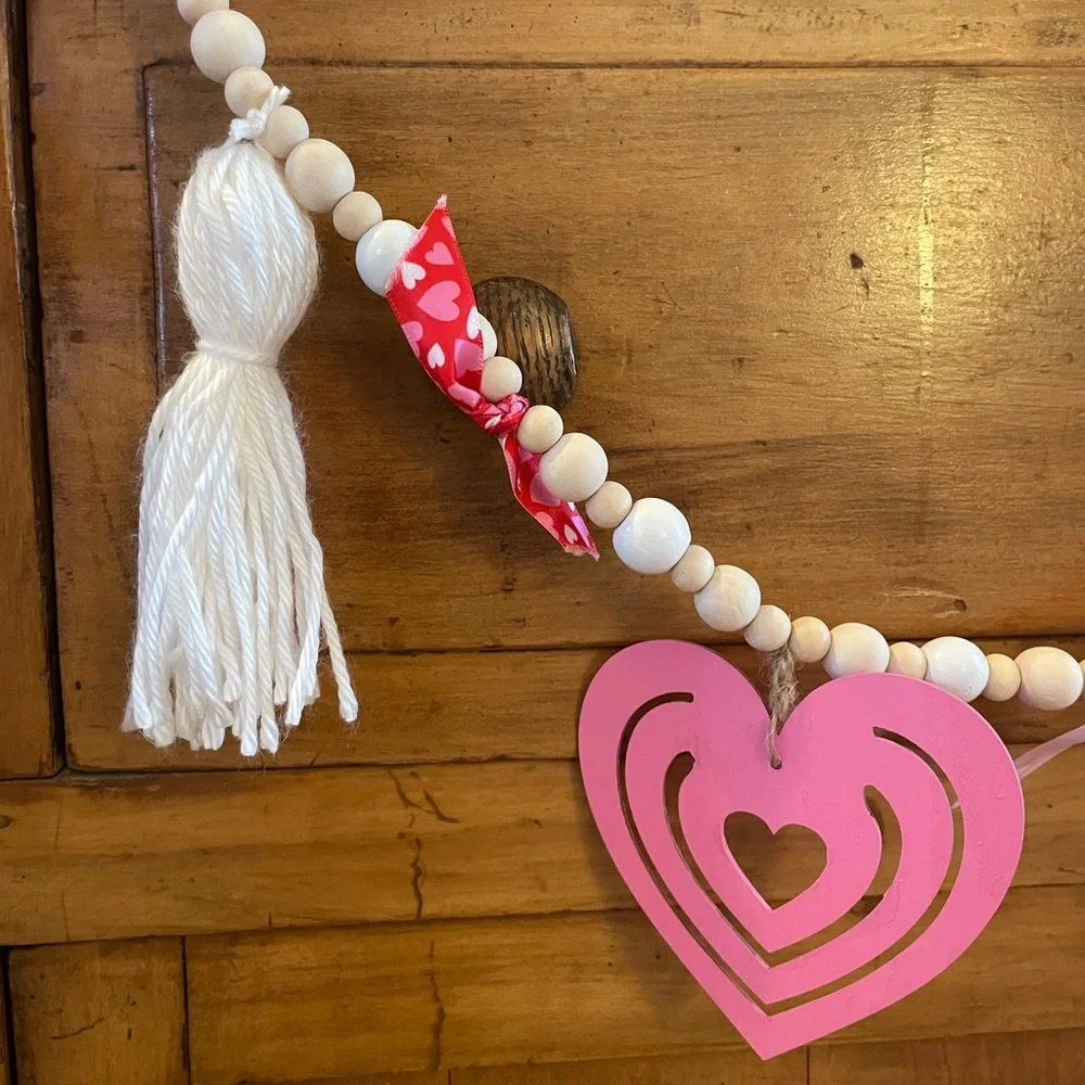 Handmade Heart, Tassel, and Ribbon Garland with Pink, Red, and White 6 ft long